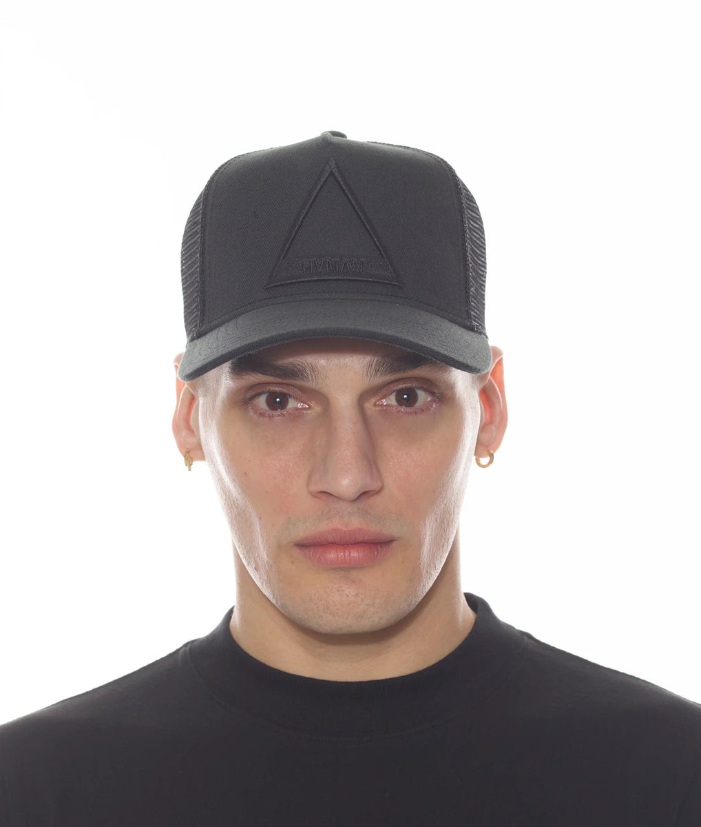 'HVMAN' TRIANGLE LOGO MESH TRUCKER CAP IN BLACK Reach
