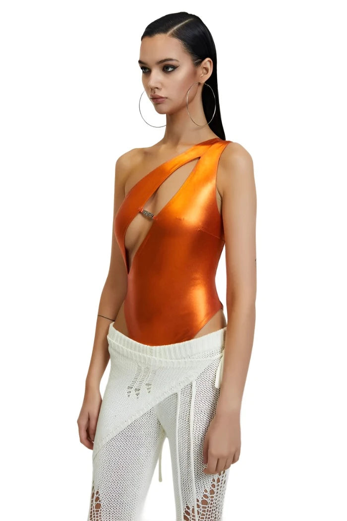 THE KRIPT - Trysta Bodysuit - Flame Orange - Metallic Shiny Stretch –  Reach E-Shop